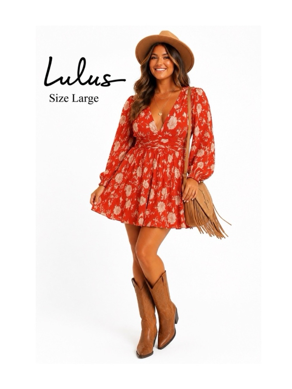 LULUS Rust Orange Floral Long Sleeve Mini Dress Size Large
